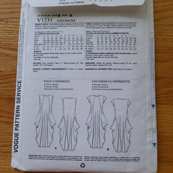 Dress Sewing Pattern Size 32"-55" Bust Vogue 1234 Artsy Loose Pullover UNCUT - Picture 6 of 10